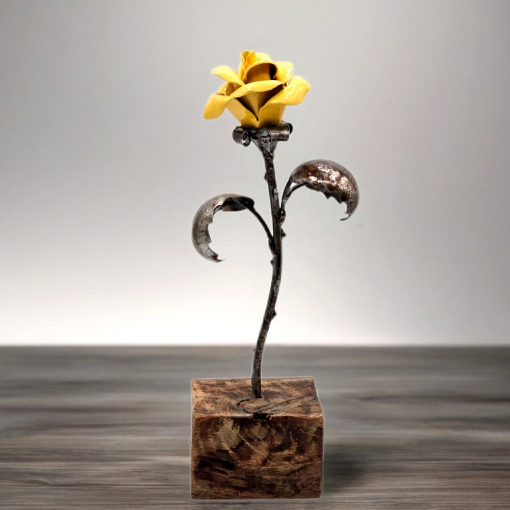 Signed Hand Forged Metal Rose Sculpture Yellow Heat Painted Blacksmith Art 2019
